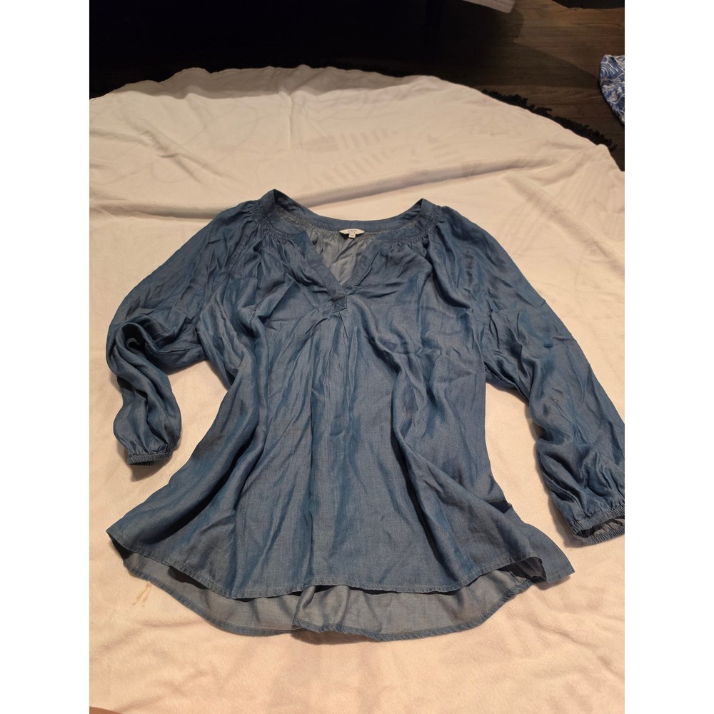 Crown & Ivy Blue Chambray V-Neck Smocked Peasant Blouse XXL Long Sleeve Boho